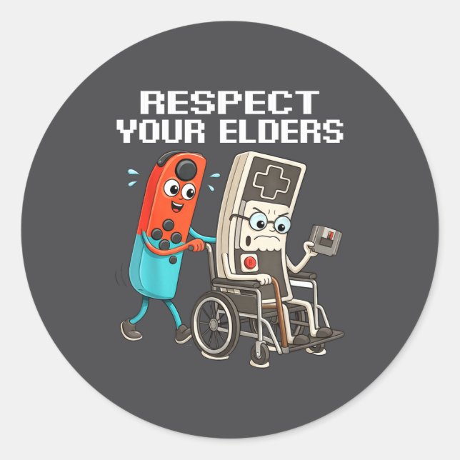 Sticker Rond Respect Your Elders Retro Gaming Funny Controller  (Devant)