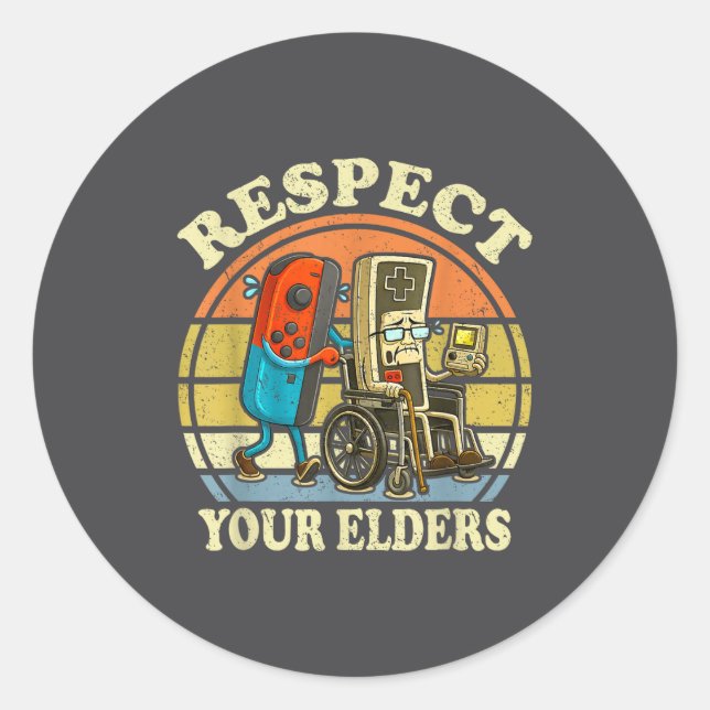 Sticker Rond Respect Your Elders Retro Gaming Funny Controller  (Devant)