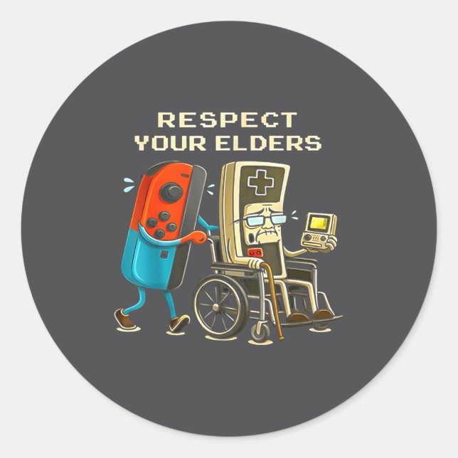Sticker Rond Respect Your Elders Retro Gaming Funny Gamer Contr (Devant)