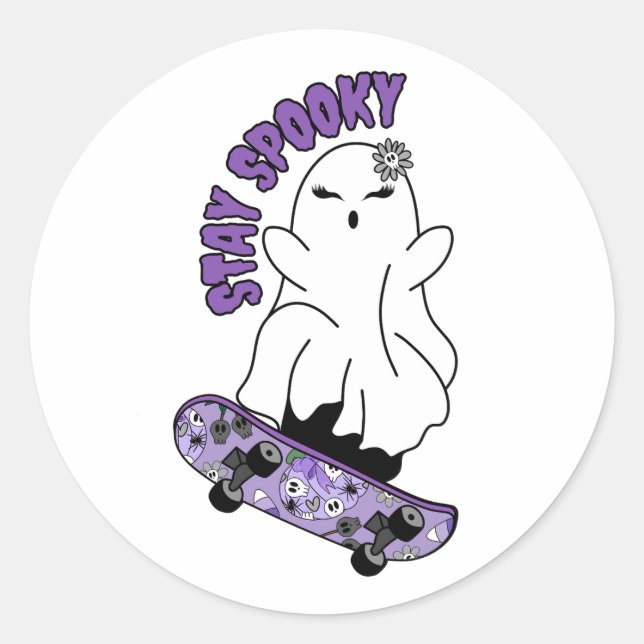 Sticker Rond "Restez Éffrayant" Fantôme sur un skateboard - Coo (Devant)