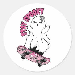 Sticker Rond "Restez Éffrayant" Fantôme sur un skateboard - Coo