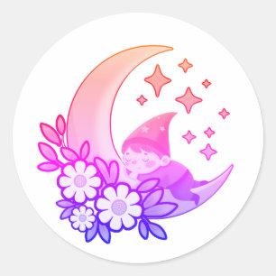 Sticker Rond Restez Magique Gnome sur le Croissant de Lune 