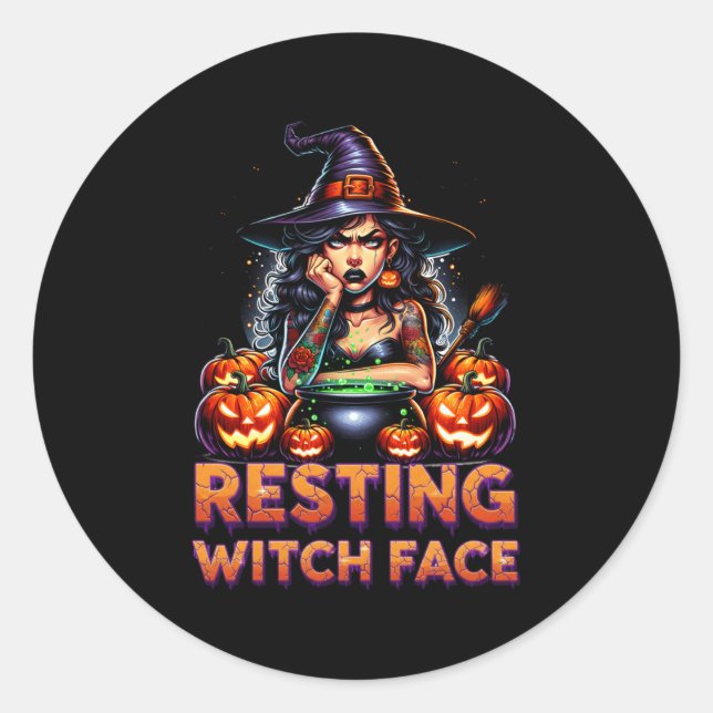 Sticker Rond Resting Witch Face Funny Sarcastic Halloween Rude  (Devant)