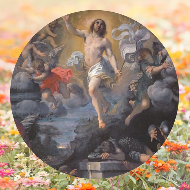 Sticker Rond Résurrection baroque catholique Jésus Christ Pâque (Baroque Religious Christian Catholic Art Resurrection of Jesus Christ Easter Classic Round Sticker)