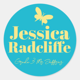Sticker Rond Retour à l'école papillon jaune aqua nom id