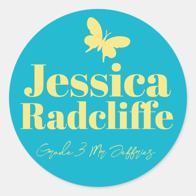Sticker Rond Retour à l'école papillon jaune aqua nom id (Devant)