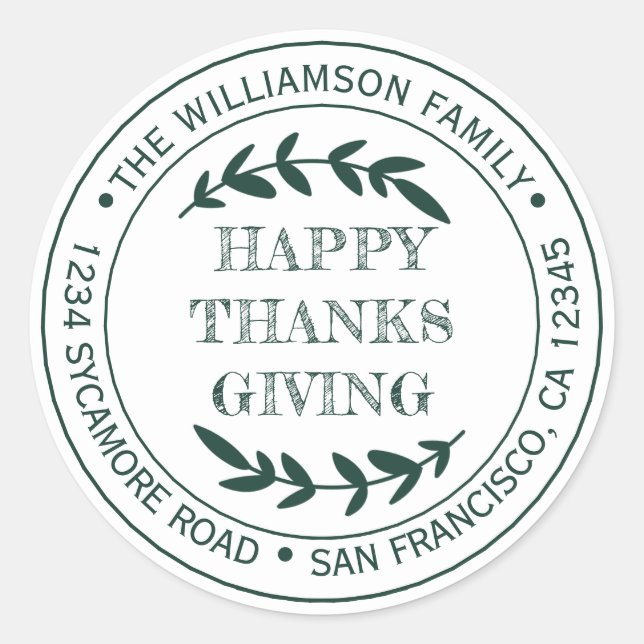 Sticker Rond Retour Adresse Rustique Joyeux Thanksgiving Vert  (Devant)