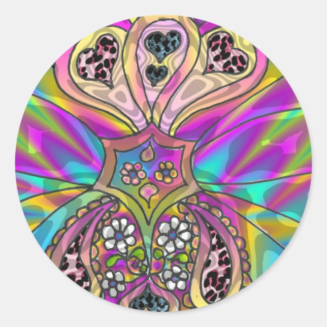Sticker Rond Retro 60s Coeurs psychédéliques Fleurs Cadeaux Vêt (Devant)