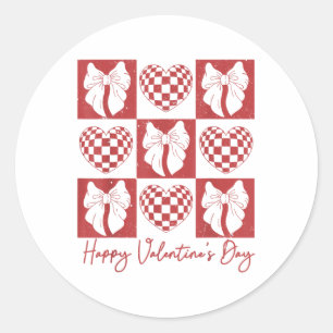 Sticker Rond Retro À damiers Coeur Coquette Bow Heureux Valenti