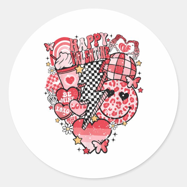 Sticker Rond Rétro À damiers Éclair Joyeux Valentine Wom (Devant)
