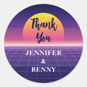 Sticker Rond Rétro Années 80 Néon Violet Synthwave Coucher de S