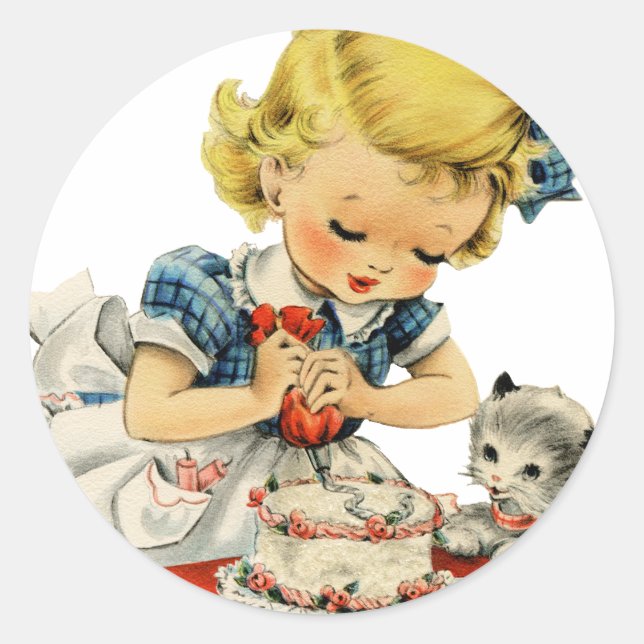 Sticker Rond Rétro Anniversaire Fille Cake Cat Enfants Artwork (Devant)