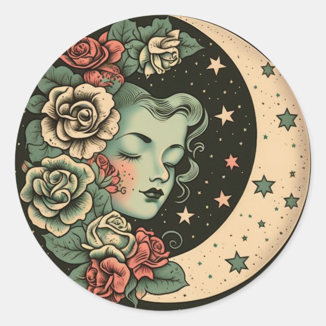 Sticker Rond Retro Art Déco Green Crescent Lady Lune Lune (Devant)