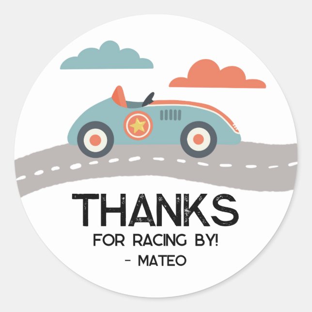Sticker Rond Retro Blue Race Voiture Anniversaire Fête Favorise (Devant)