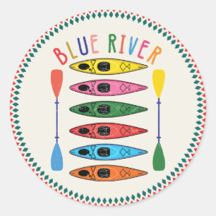Sticker Rond Retro Blue River Kayak