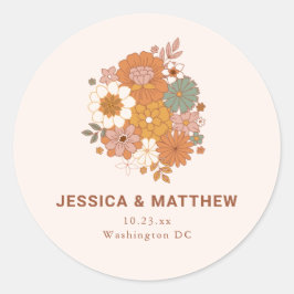 Sticker Rond Retro Boho Terracotta Floral Custom Names Wedding 