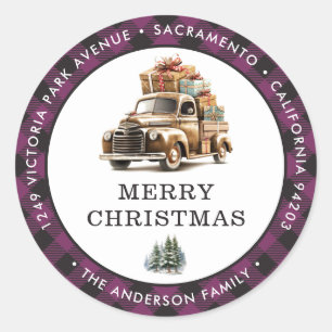 Sticker Rond Retro Camion Purple Joyeux Noël Adresse de retour
