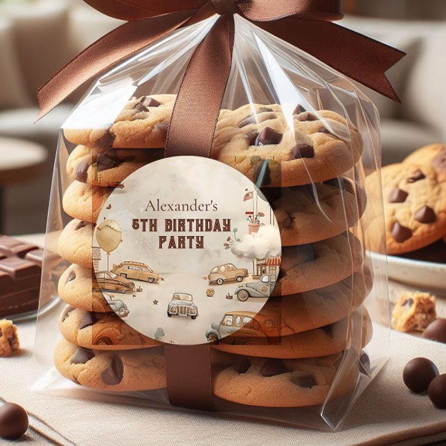 Sticker Rond Retro Car Themed Kids Birthday (Créateur téléchargé)