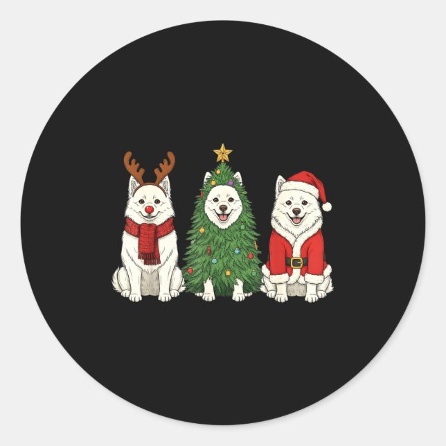Sticker Rond Retro Christmas American Eskimo Dog Santa Reindeer (Devant)