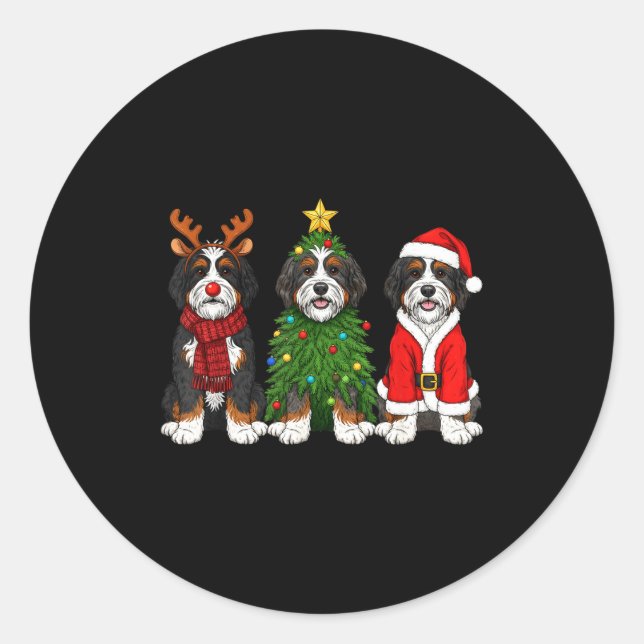 Sticker Rond Retro Christmas Bernedoodle Santa Reindeer Dog Lov (Devant)