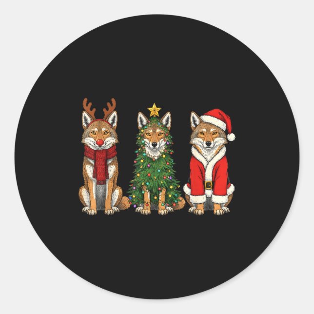 Sticker Rond Retro Christmas Coyote Santa Reindeer  (Devant)