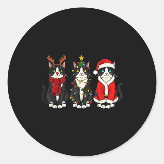 Sticker Rond Retro Christmas Tuxedo Cat Santa Reindeer  (Devant)