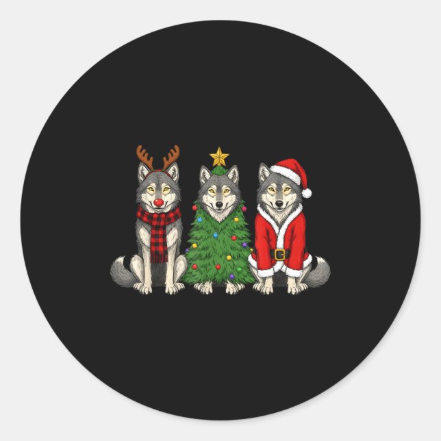 Sticker Rond Retro Christmas Wolf Santa Reindeer  (Devant)