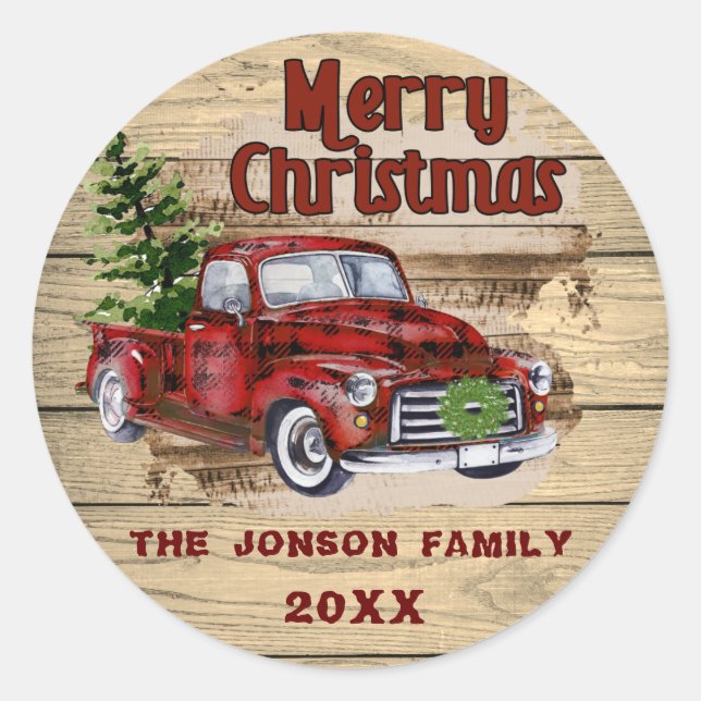 Sticker Rond Retro classique Rustic Bois Joyeux Camion de Noël (Devant)