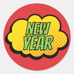 Sticker Rond Retro Comic Style de livre Nouvel An