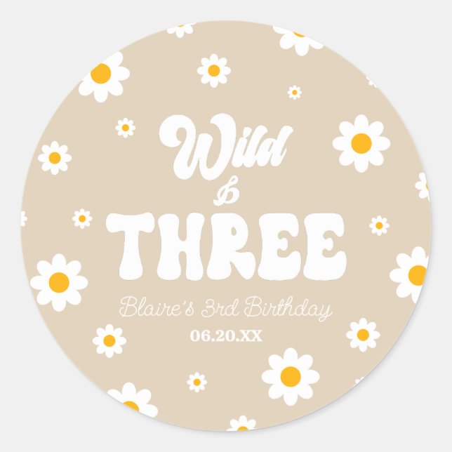 Sticker Rond Retro Daisy Flower Wild & Trois 3e fête d'annivers (Devant)