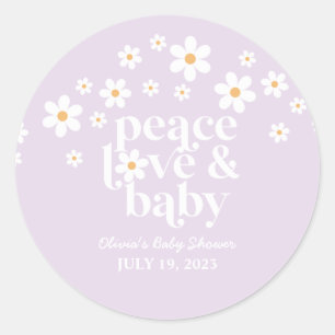 Sticker Rond Rétro Daisy lavande bohème Peace Love Baby Shower