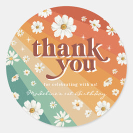 Sticker Rond Retro Daisy Rainbow Merci d'anniversaire