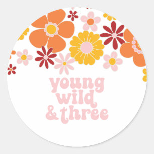 Sticker Rond Retro Floral Young Wild Trois anniversaire