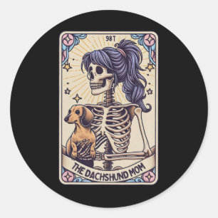 Sticker Rond Retro Funny Dachshund Maman Carte Tarot Squelette