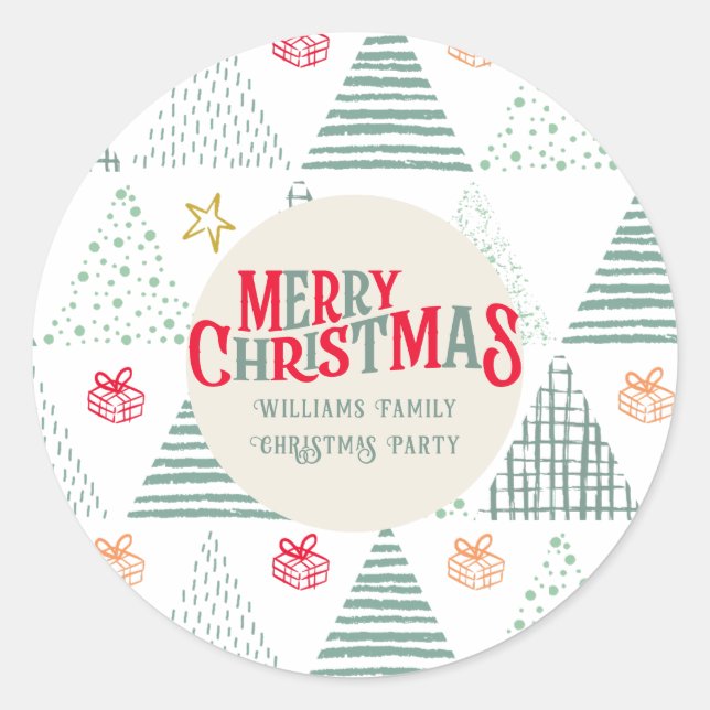 Sticker Rond Retro Green Christmas Trees Modern Abstract Unique (Devant)