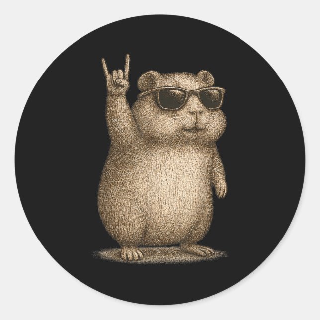 Sticker Rond Retro Guinée Pig Rock Sur Musique Drôle Cadeaux Ho (Devant)