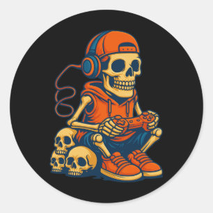 Sticker Rond Retro Halloween squelette joueur vidéo de jeu garç