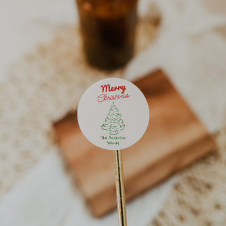 Sticker Rond Retro Hand Drawn Green Red Christmas Tree Vintage