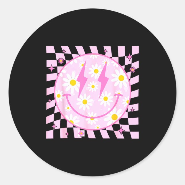 Sticker Rond Retro Happy Smile Face Checkered Pattern Nk Daisy  (Devant)