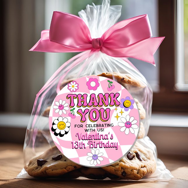 Sticker Rond Retro Happy Smile Face rose À damiers Merci (Créateur téléchargé)