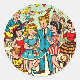Sticker Rond Retro Kids Party Comics