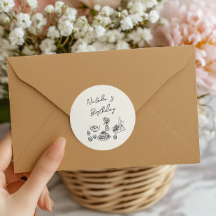 Sticker Rond Retro Main dessinée Noir Vaisselle Anniversaire Br