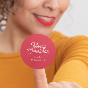 STICKER ROND RETRO MERRY CHRISTMAS TYPOGRAPHIE SUR ROUGE