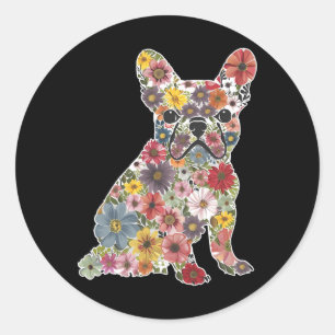Sticker Rond Retro mignon Français Bulldog Floral animal de chi