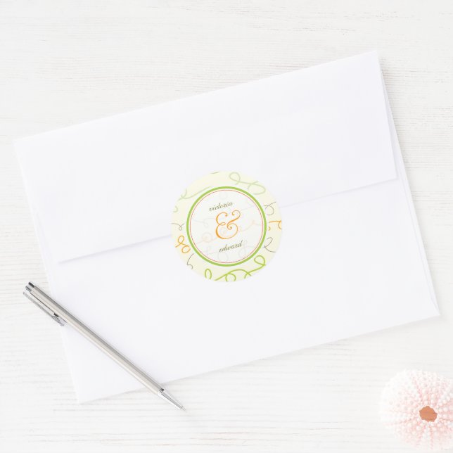 Sticker Rond Rétro Orange Green Mod Scribbles Mariage moderne (Enveloppe)