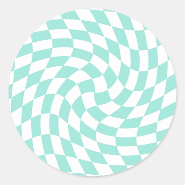 Sticker Rond Retro Pastel Blue Chèques déroutés À damiers (Devant)