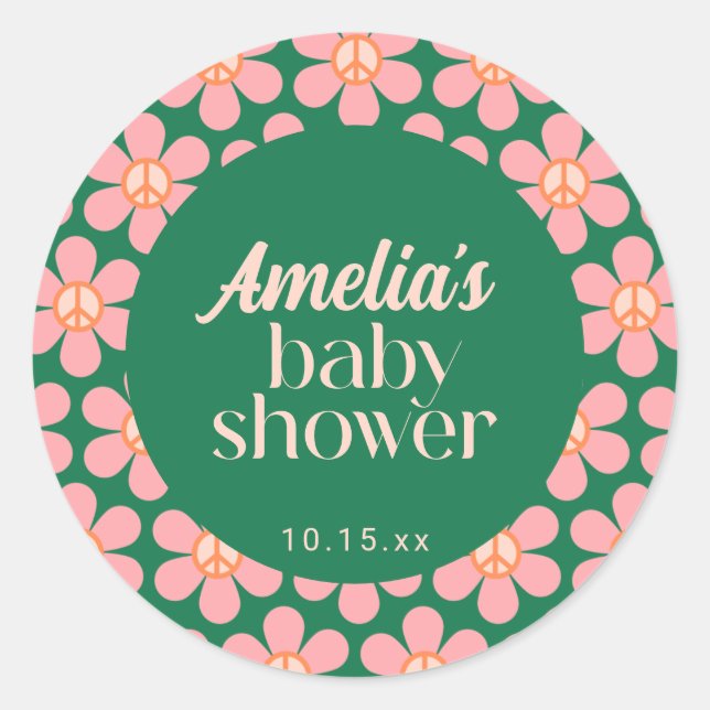 Sticker Rond Retro Peace Sign Flower Green Pink Baby Shower  (Devant)