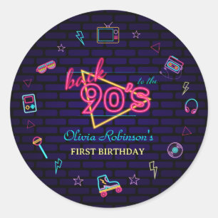 Sticker Rond Retro Pop Neon Enfants Anniversaire Bash