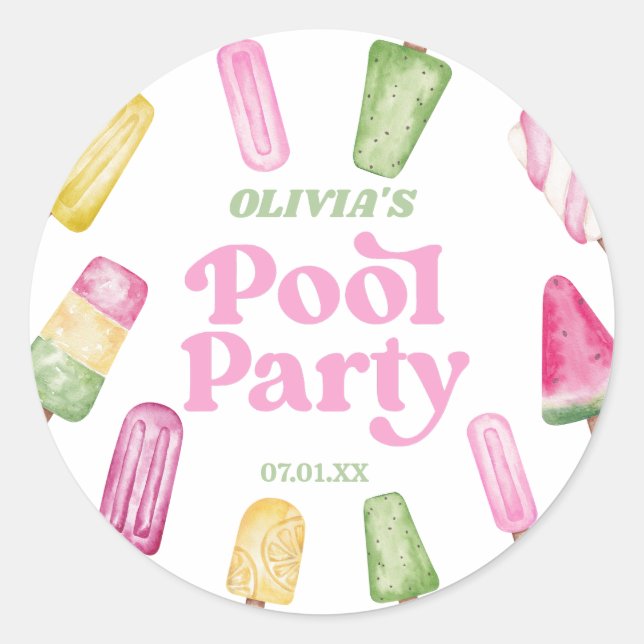 Sticker Rond Retro Popsicle fête d'anniversaire de la piscine (Devant)