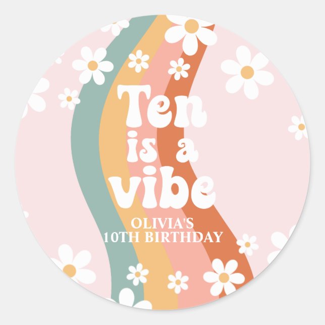 Sticker Rond Retro Rainbow Ten est un Vibe Daisy 10e anniversai (Devant)